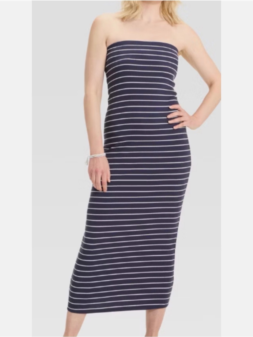 a new day Navy and White Striped Strapless Maxi Dress